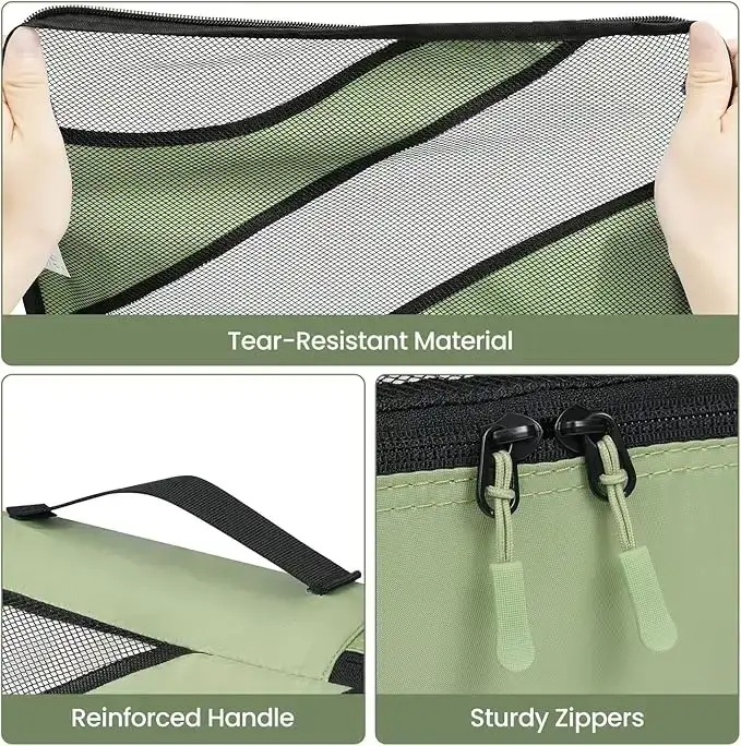 6-piece half mesh packing cubes in various sizes for organized travel luggage and easy packing. Ideal for travelers.
