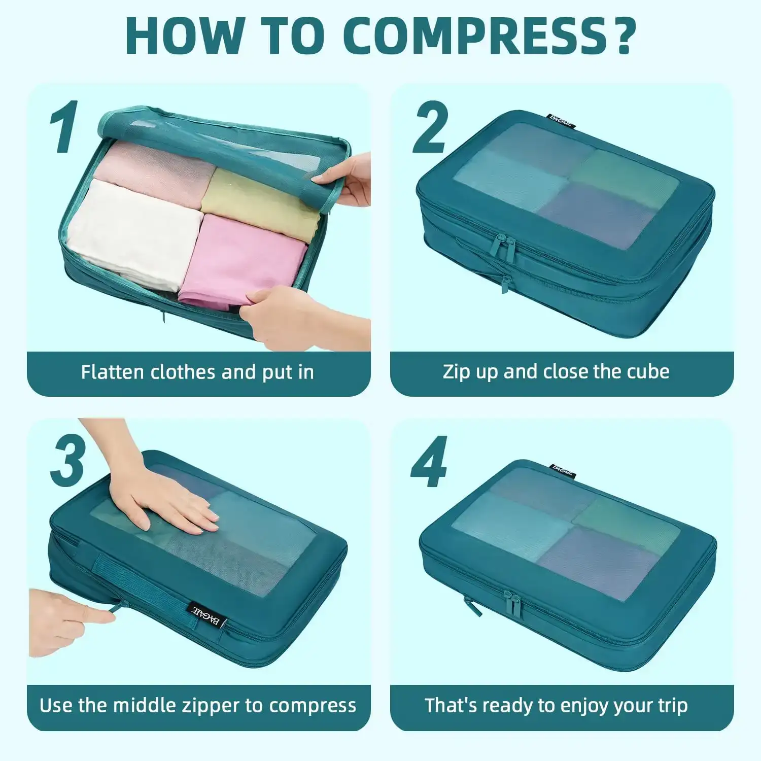 BAGAIL 6/8 Set Square Mesh Compression Packing Cubes for travel organization and space-saving efficiency.