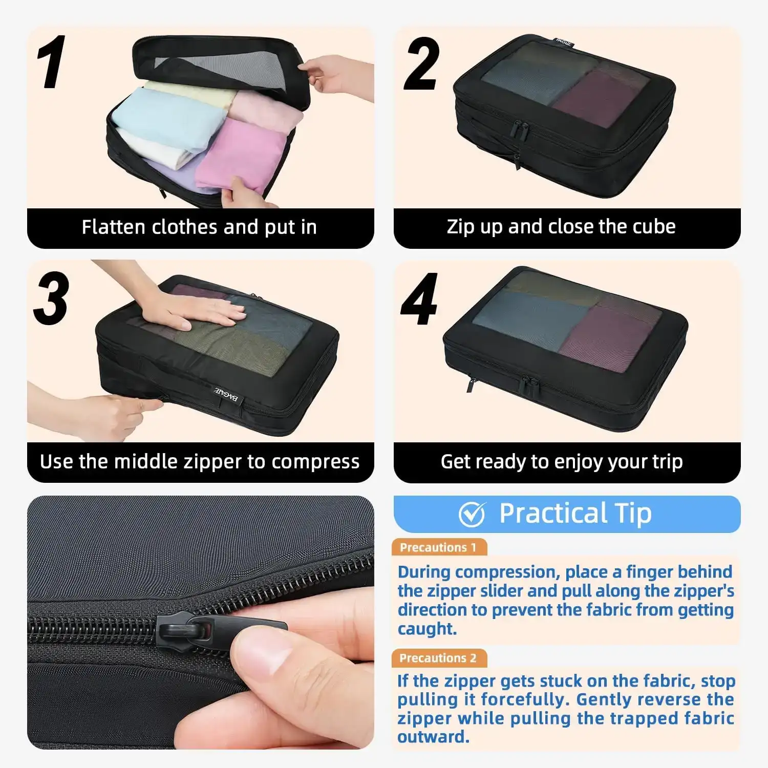 BAGAIL square mesh compression packing cubes set, 6 or 8 pieces, ideal for travel organization and space-saving storage.