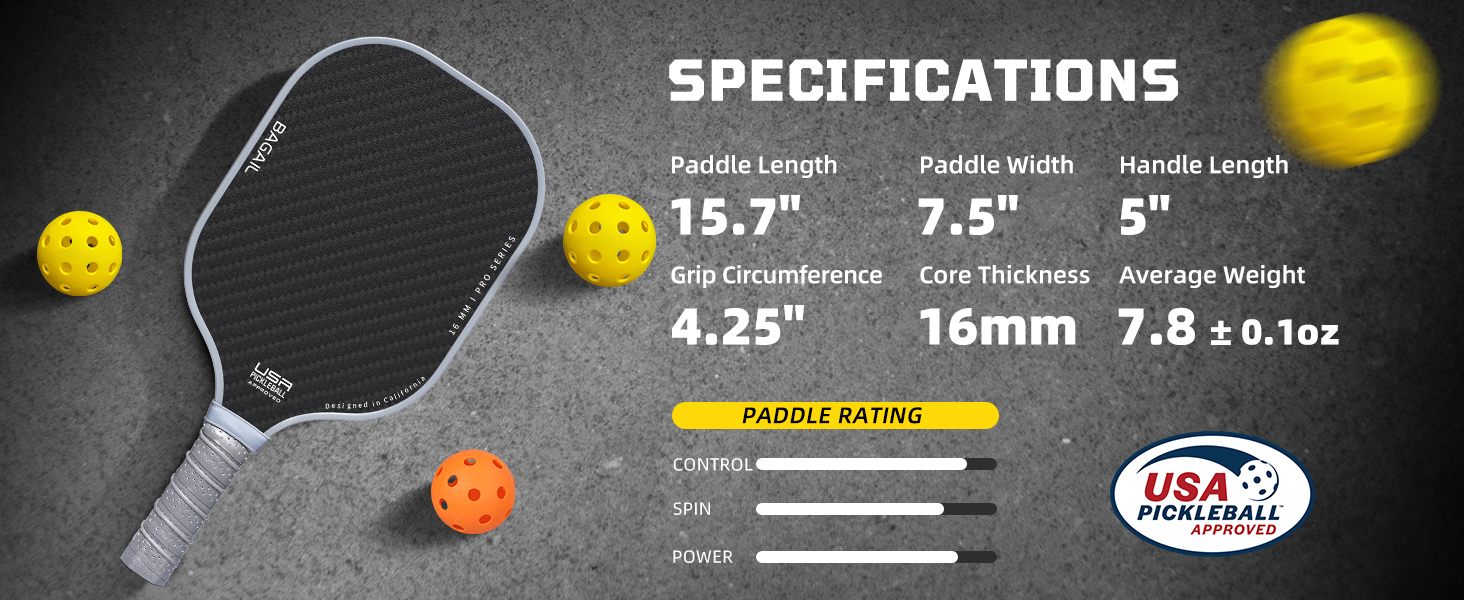 BAGAIL paddle specifications and control, spin and power ratings chart