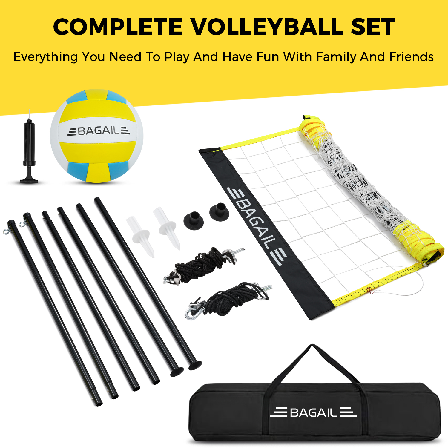 BAGAIL Outdoor Volleyball Net Set 20FT/32FT, Portable for Beach, Backyard | Complete Kit with Carry Bag, Ball & Pump, Integrated Scoring System, Anti-Sag, All-Weather Durability, Easy 5-min Setup-BAGAIL