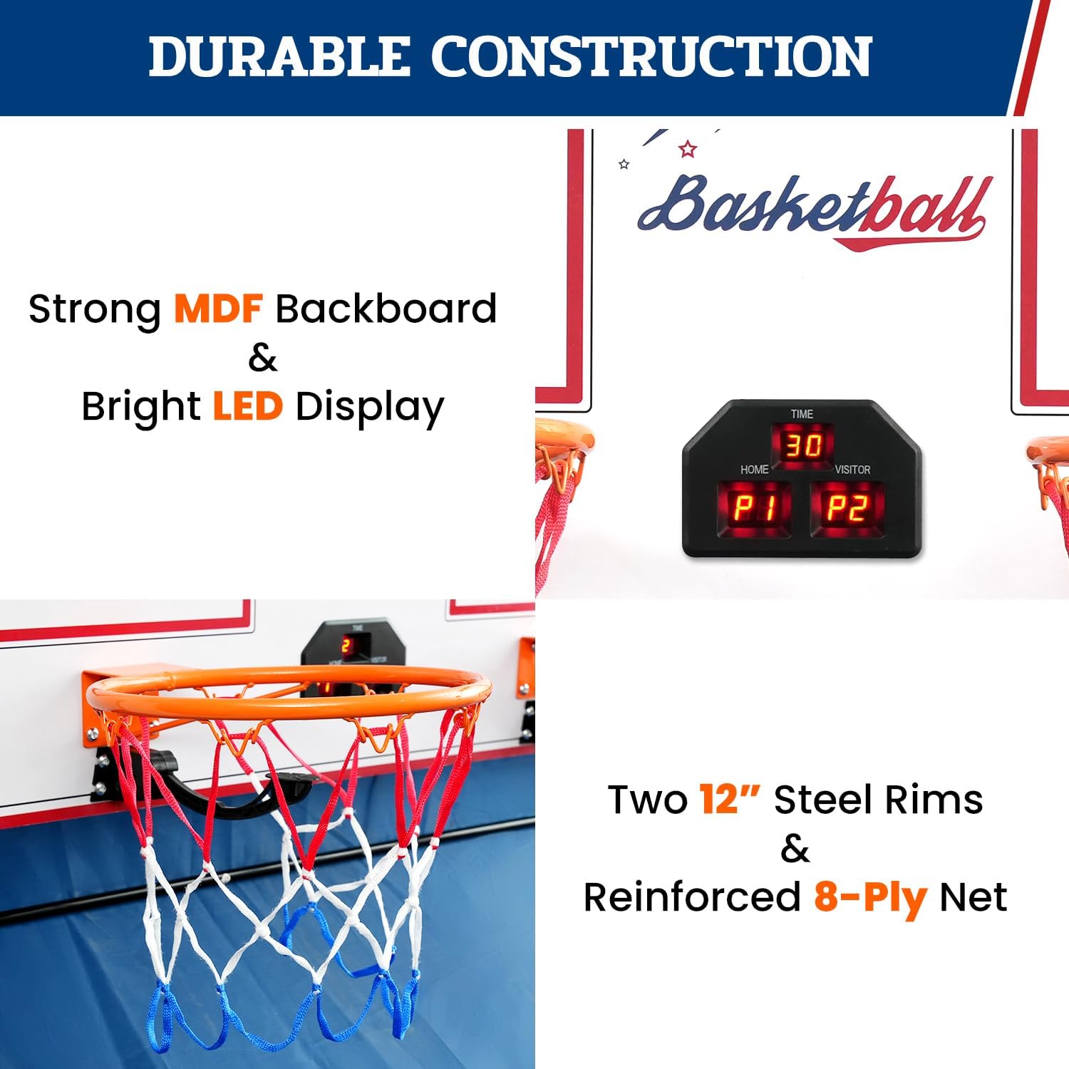 Basketball Shooting Game with 8 Game Modes, Arcade Sounds, Foldable Frame, 4 Balls, Inflation Pump, Ideal Indoor Sport Games for All Players