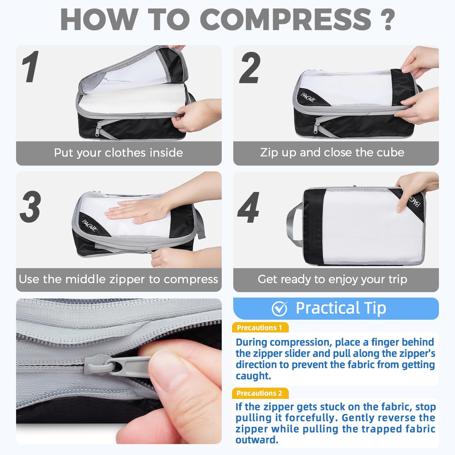 BAGAIL 6 Set Compression Packing Cubes, Ultralight Expandable Packing Organizers for Carry on Travel Luggage