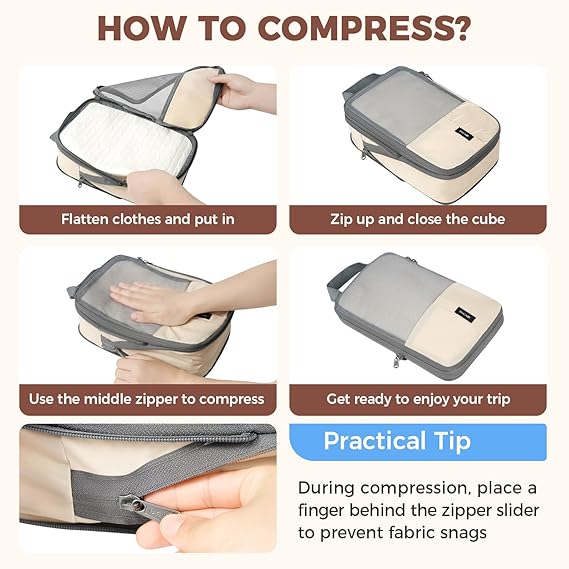 6 Set Label & Half Mesh Compression Packing Cubes with Packing List