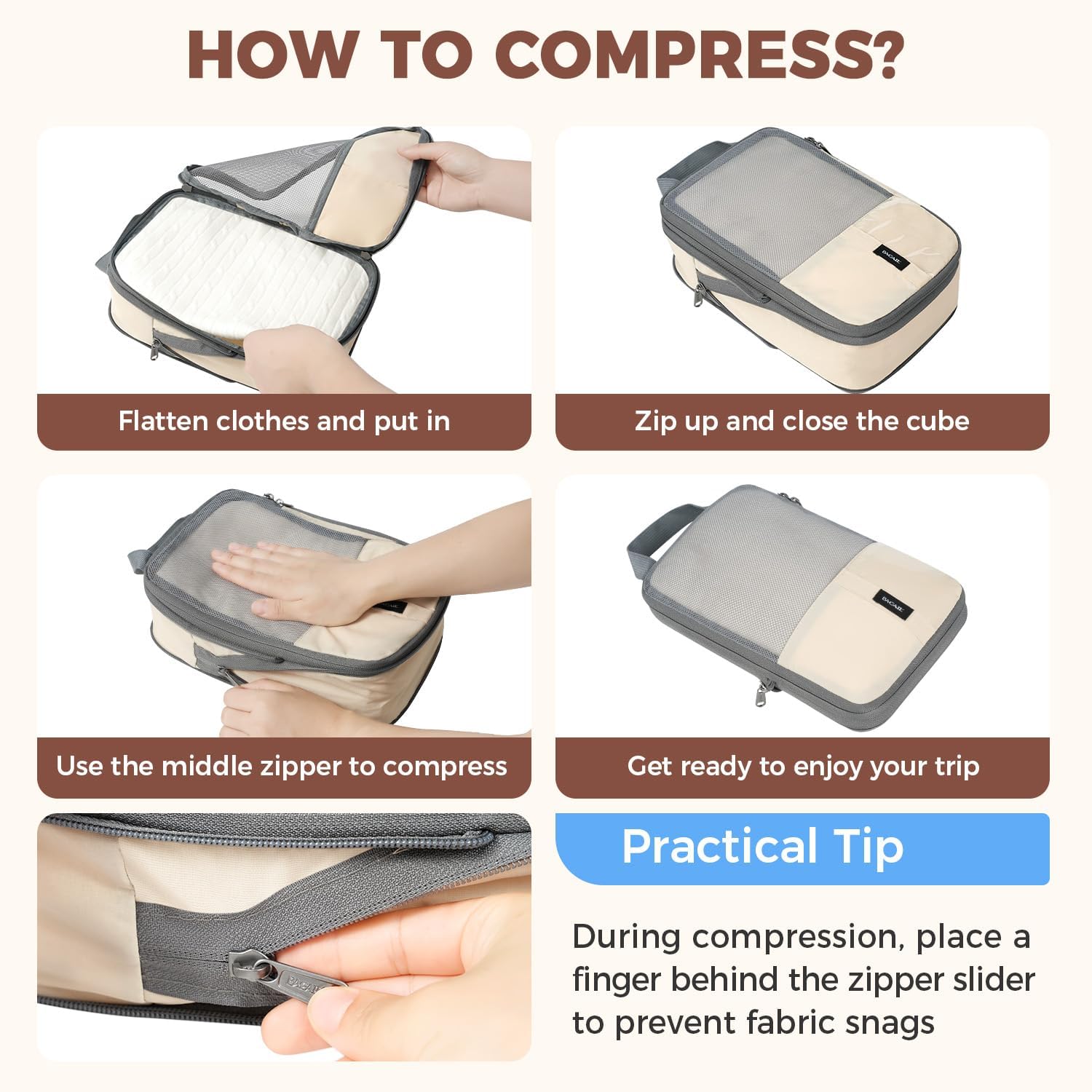 6pc Ultra-Light Compression Packing Cubes - Mesh Travel Organizers with Labels & Packing Checklist