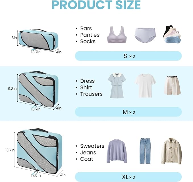 6 Set half mesh Packing Cubes -Various Sizes Travel Luggage Packing Organizers