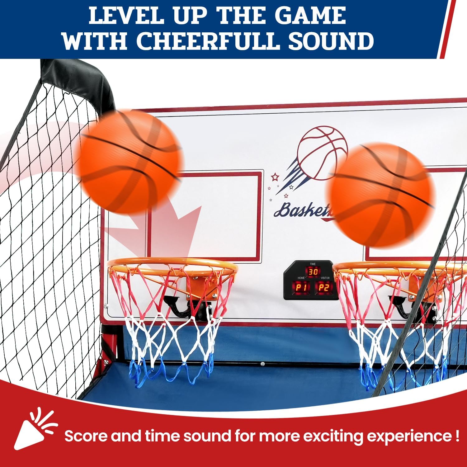 Basketball Shooting Game with 8 Game Modes, Arcade Sounds, Foldable Frame, 4 Balls, Inflation Pump, Ideal Indoor Sport Games for All Players