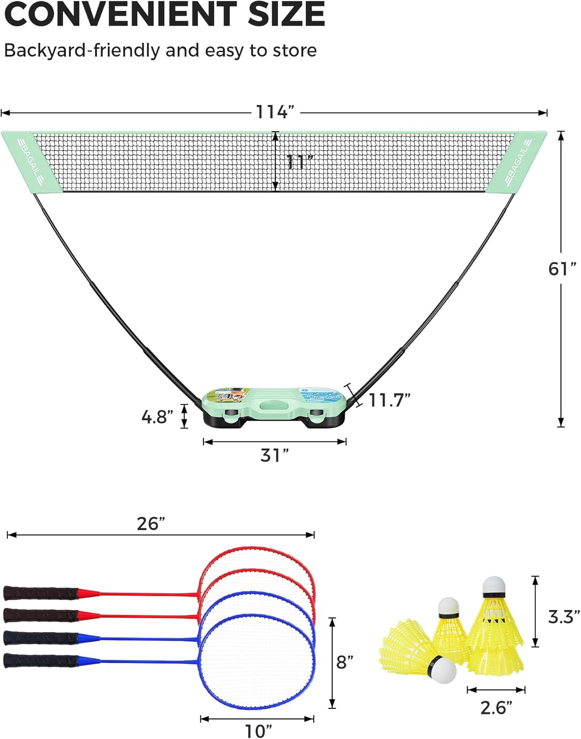 BAGAIL Portable Badminton Net Set, Pop-Up Net with Carry Case, Complete 4 Racket Set for Backyard, Park & Beach Games, Quick Setup Indoor Outdoor Sports Equipment for Backyard Fun