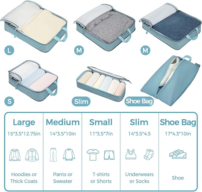 BAGAIL 5 Set/6 Set Ultralight Compression Packing Cubes Travel Accessories Expandable Packing Organizers(Black 6Set Mesh Pattern)