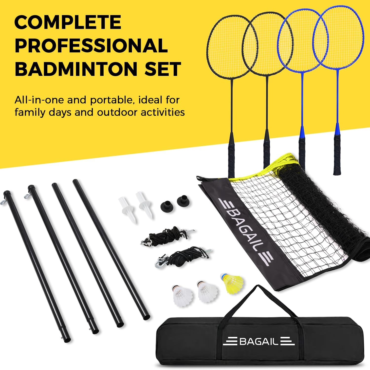 BAGAIL Outdoor Badminton Net Set with Anti-Sag Winch System - Official Size 20ft x 5ft, 4 Rackets, 3 Shuttlecocks, Durable PE Net & Carry Bag for Backyard, Beach, Family Games