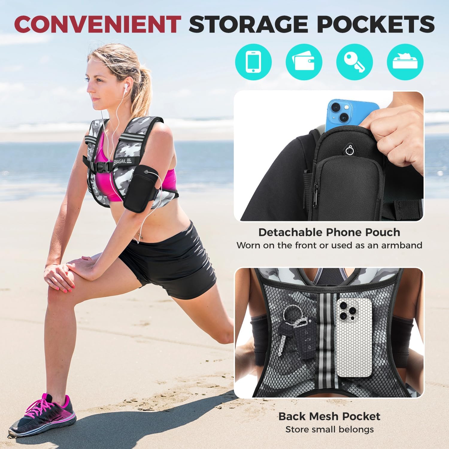 BAGAIL Comfort-Fit Weighted Vest for Woman, Even Weight Distribution, Faster Weight Loss, No-Chafe or Bounce for Walking & Running with Detachable Phone Pouch & Reflective Stripes (Available 5-30lbs)