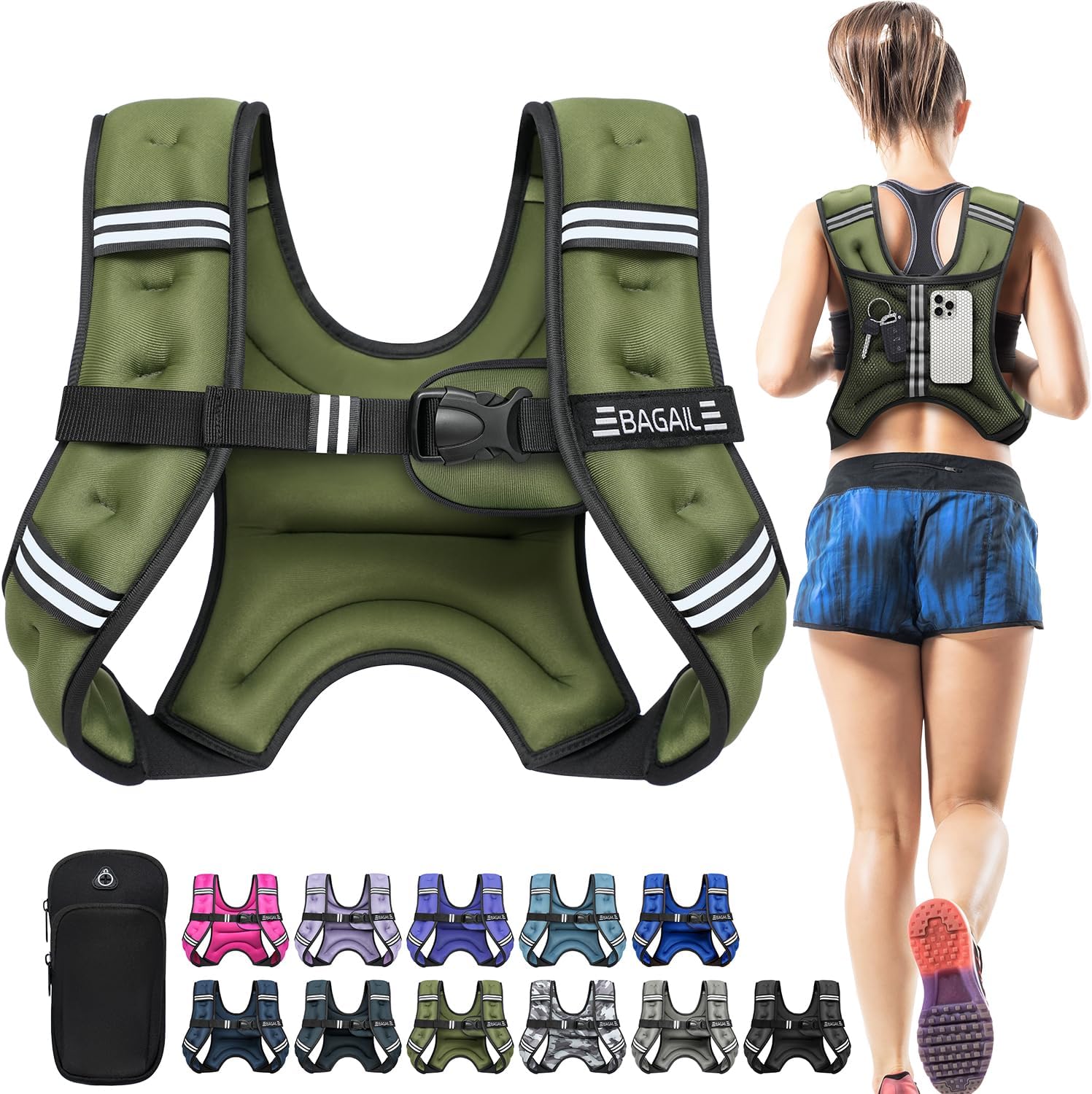 BAGAIL Comfort-Fit Weighted Vest for Woman, Even Weight Distribution, Faster Weight Loss, No-Chafe or Bounce for Walking & Running with Detachable Phone Pouch & Reflective Stripes (Available 5-30lbs)