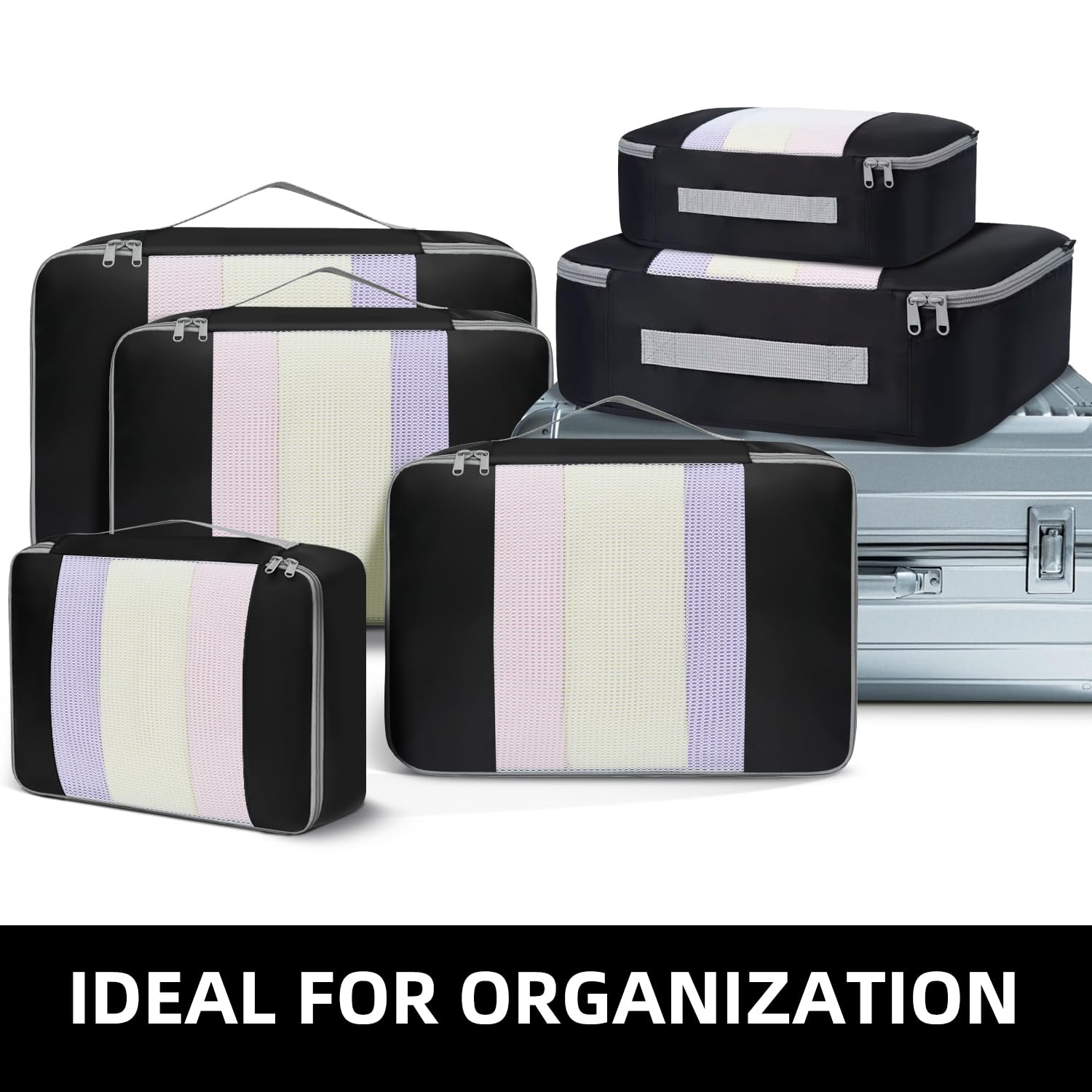 6 Set Packing Cubes Various Sizes Packing Organizer with Makeup Bag& Shoe Bag