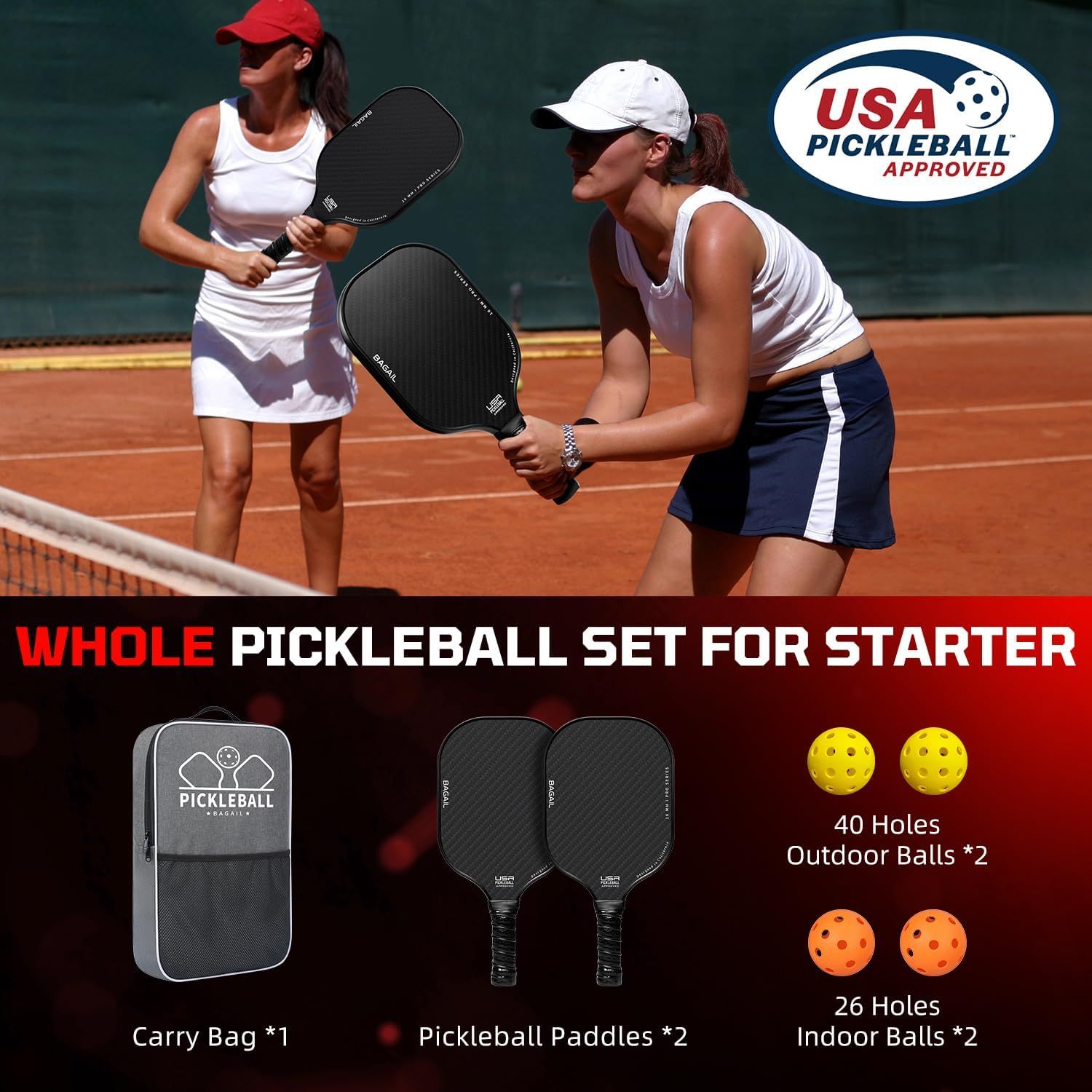 Two players on an outdoor court with the BAGAIL 2 pack set: two paddles, four balls and a carry bag