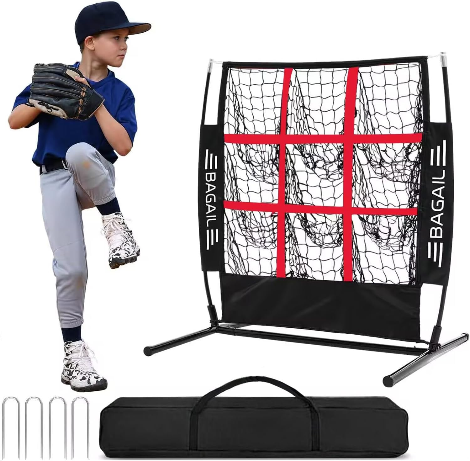 BAGAIL Baseball and Softball Pitching Net, 9 Pocket Pitching Net, Portable Pitching Target Net for Backyard with Carry Bag