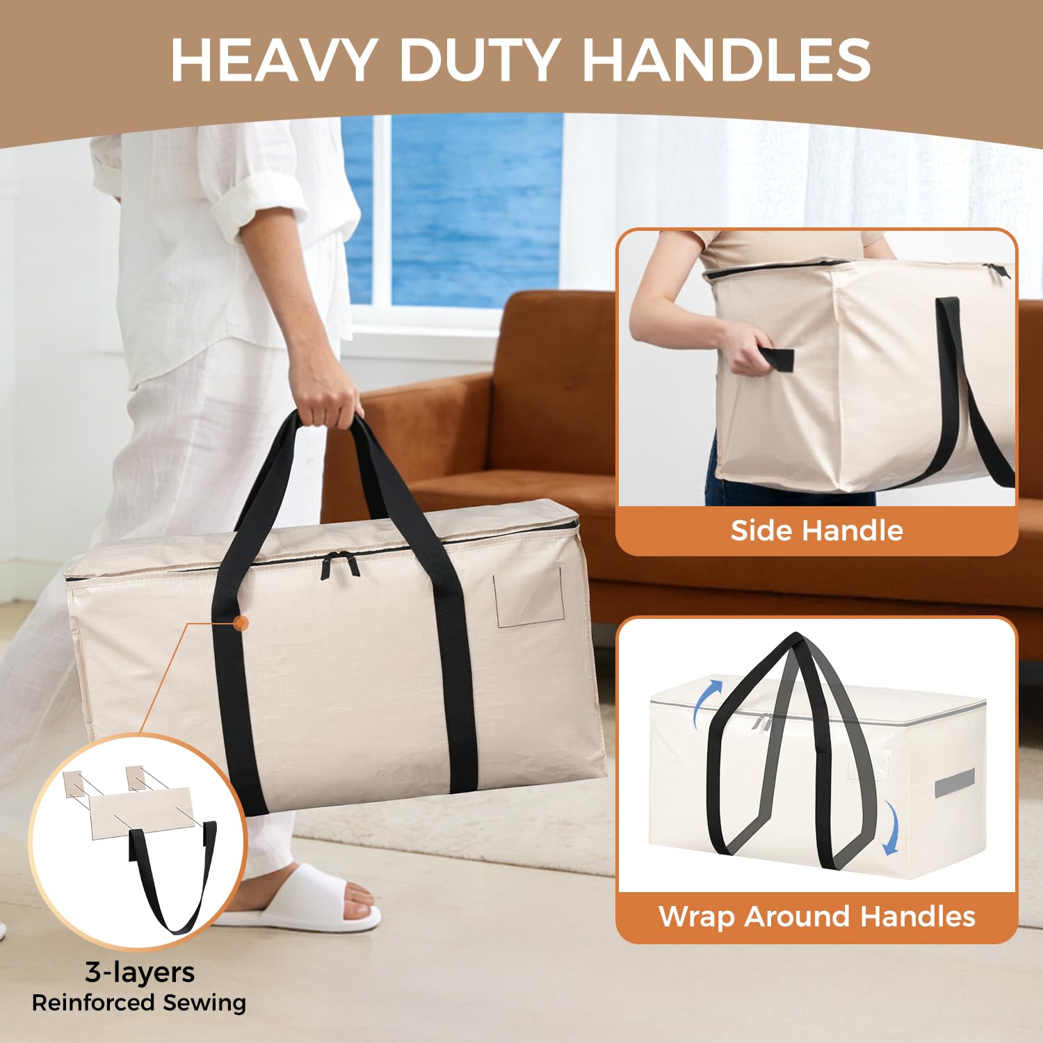 Heavy Duty Moving Bags with Strong Handle, Extra Large Moving Boxes, Storage Tote for Clothes, College Moving Supplies(Beige, 12 Pack)-BAGAIL