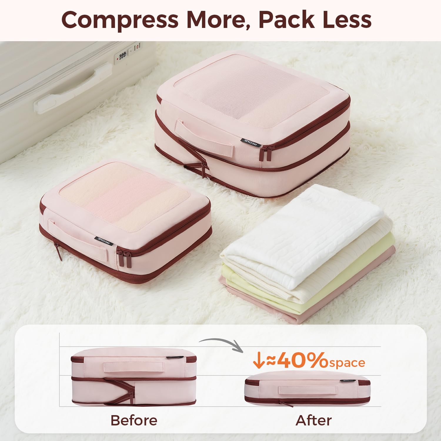 BAGAIL Durable Compression Packing Cubes for Travel,6 Set-Light Pink