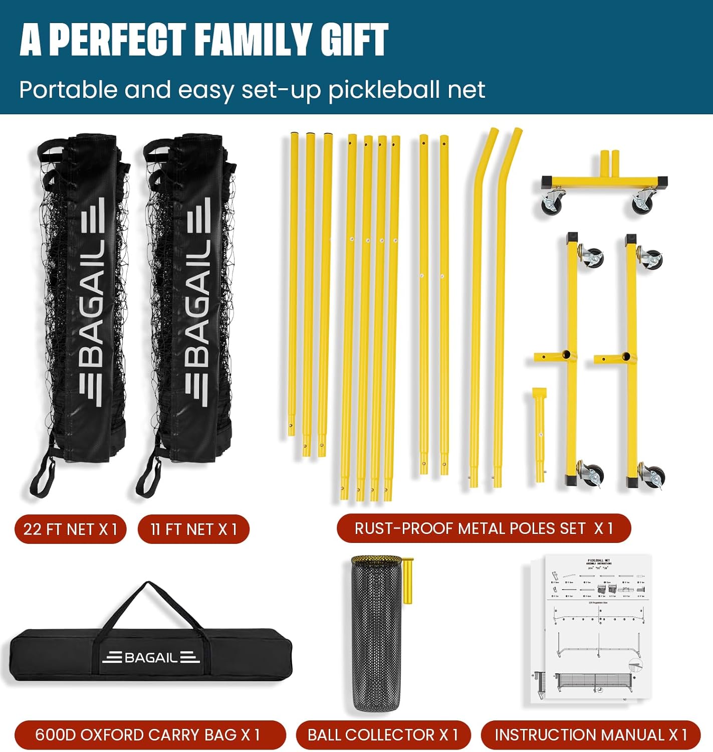 BAGAIL Portable Pickleball Net Set, 22 FT Regulation Size Pickle Ball Net with Ball Collector, 4 Balls and Carry Bag, Easy Setup for Outdoor Indoor Driveway