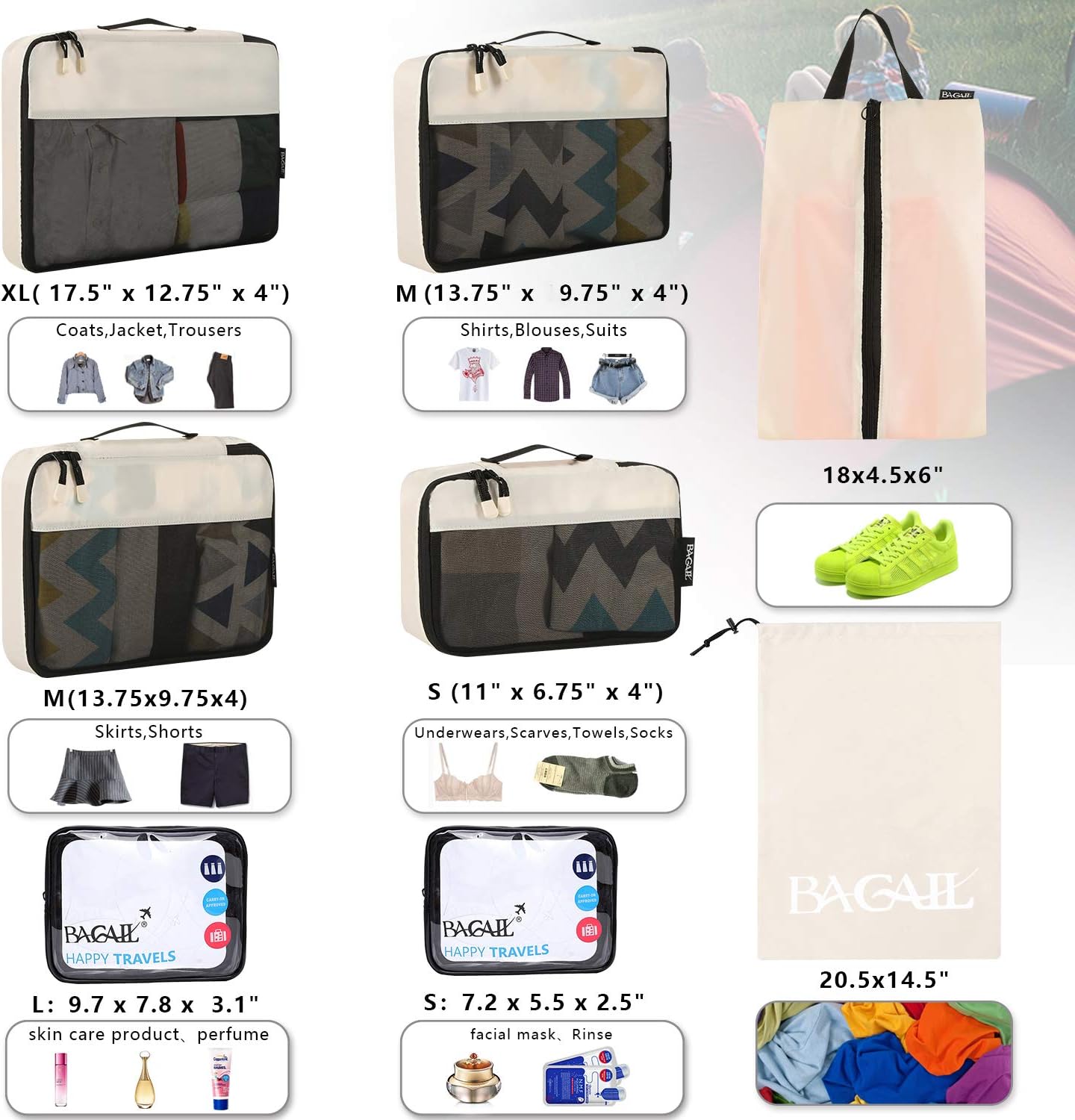 8 Set Packing Cubes Luggage Packing Organizers with Clear Bags & Shoe Bag