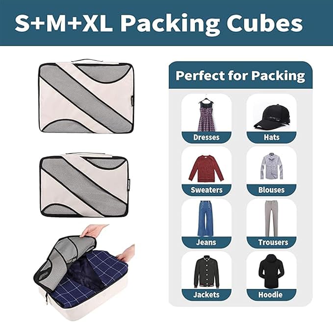 6 Set half mesh Packing Cubes -Various Sizes Travel Luggage Packing Organizers