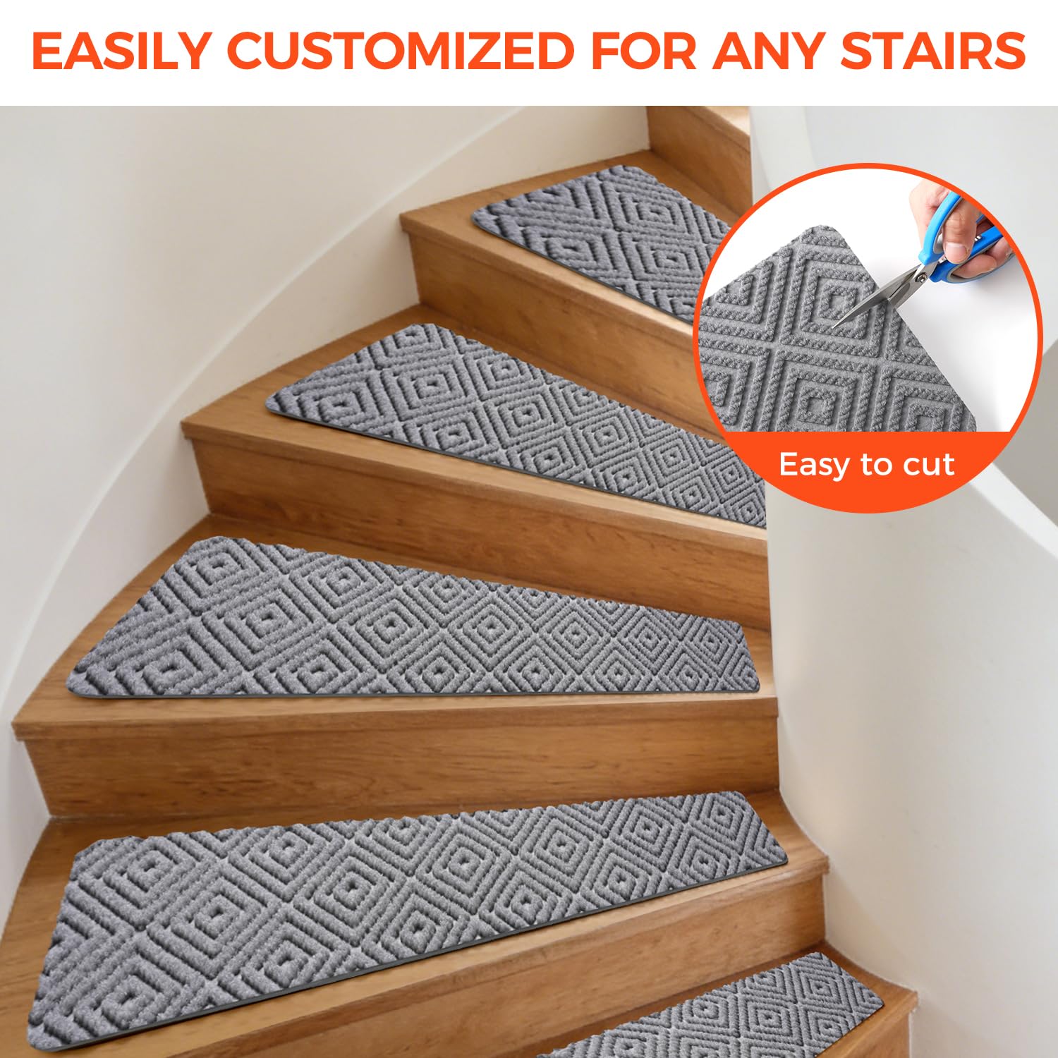 BAGAIL 15 Pack Non-Slip Stair Treads for Wooden Steps - 8"x30" Peel and Stick Carpet Stair Runners, Reusable Indoor Step Covers for Dogs, Kids & Elderly, No-Residue Adhesive, Light Gray