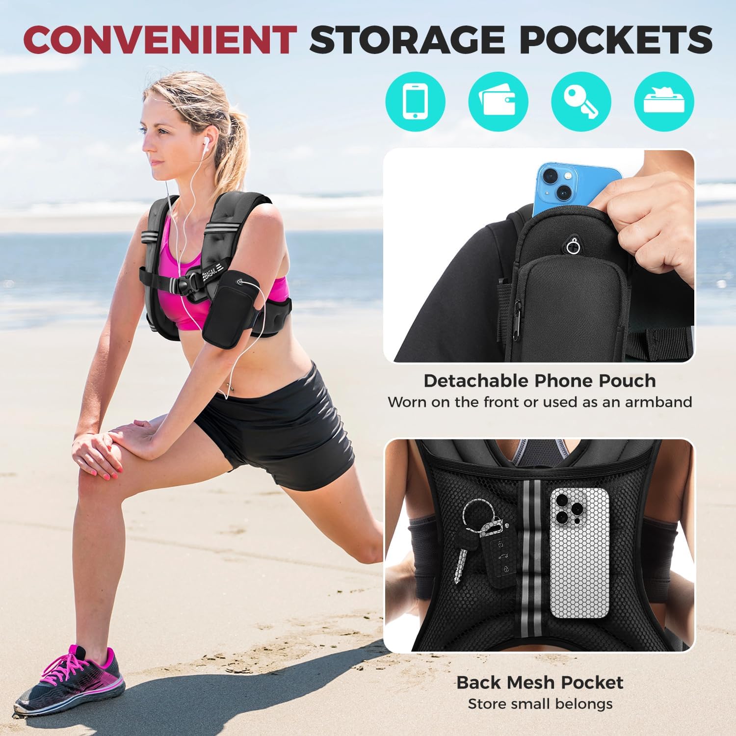BAGAIL Comfort-Fit Weighted Vest for Woman, Even Weight Distribution, Faster Weight Loss, No-Chafe or Bounce for Walking & Running with Detachable Phone Pouch & Reflective Stripes (Available 5-30lbs)