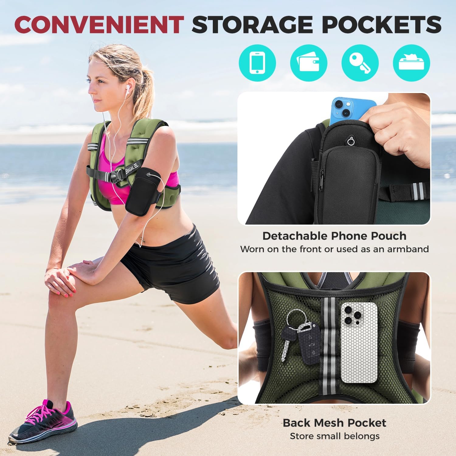 BAGAIL Comfort-Fit Weighted Vest for Woman, Even Weight Distribution, Faster Weight Loss, No-Chafe or Bounce for Walking & Running with Detachable Phone Pouch & Reflective Stripes (Available 5-30lbs)