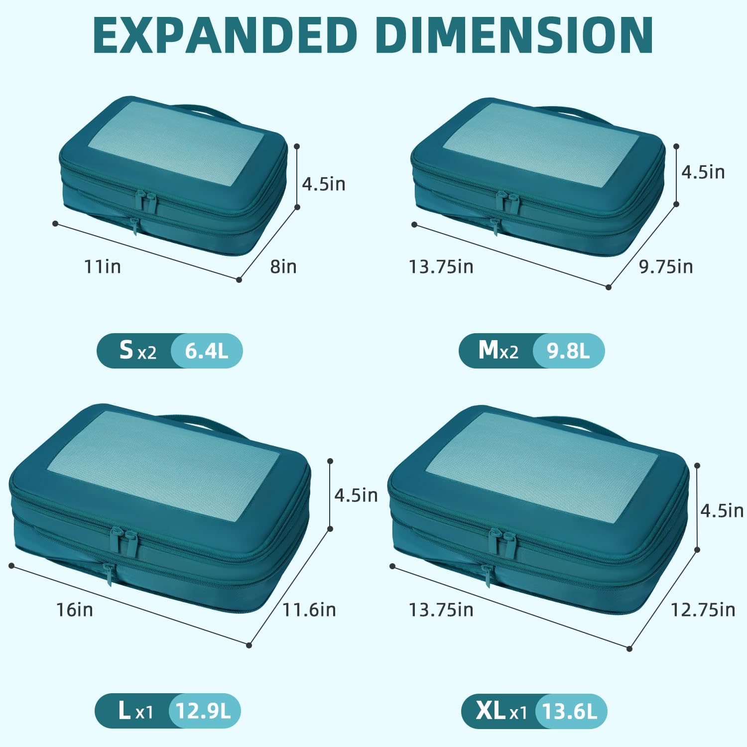 Square Mesh 6 Set Compression Packing Cubes Travel Accessories Expandable Packing Organizers 
