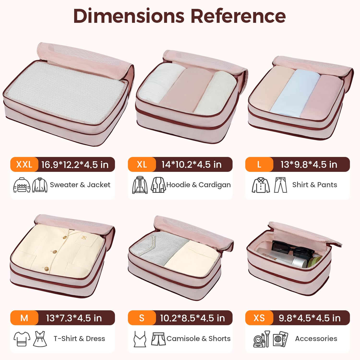 BAGAIL Durable Compression Packing Cubes for Travel,6 Set-Light Pink