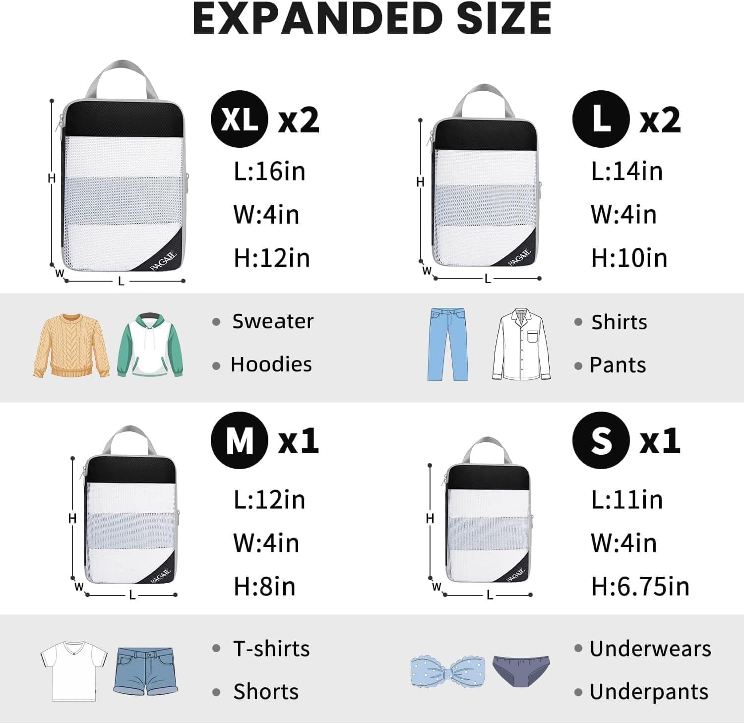 BAGAIL 6 Set Compression Packing Cubes, Ultralight Expandable Packing Organizers for Carry on Travel Luggage