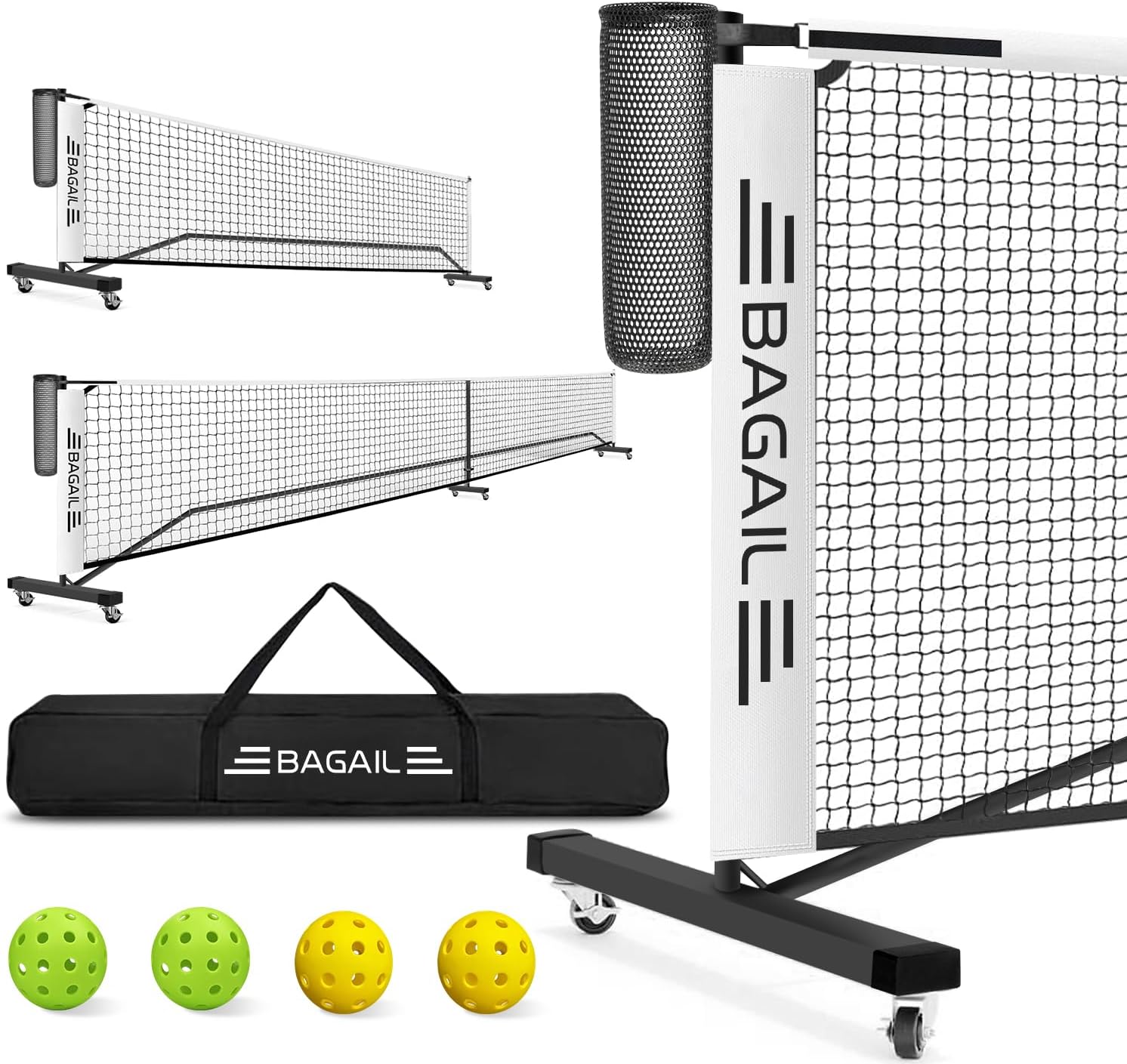 BAGAIL Portable Pickleball Net Set, 22 FT Regulation Size Pickle Ball Net with Ball Collector, 4 Balls and Carry Bag, Easy Setup for Outdoor Indoor Driveway