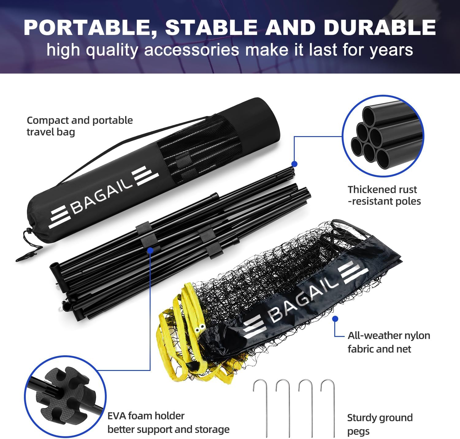 BAGAIL Badminton Net, Height Adjustable Kids Volleyball Net, Foldable Nylon Net 10 ft/14ft/17ft Wide, Tennis Net, Small Pickleball Net for Backyard Game and Indoor Outdoor Use, Easy Setup