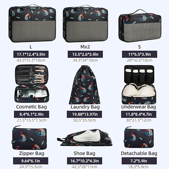 Half Mesh 8 Set Packing Cubes Luggage Packing Organizers for Travel Accessories