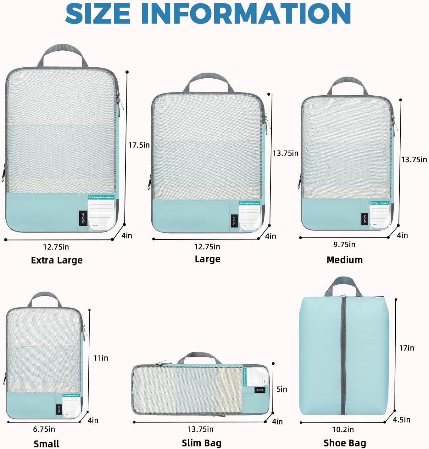 6 Set Label & Half Mesh Compression Packing Cubes with Packing List