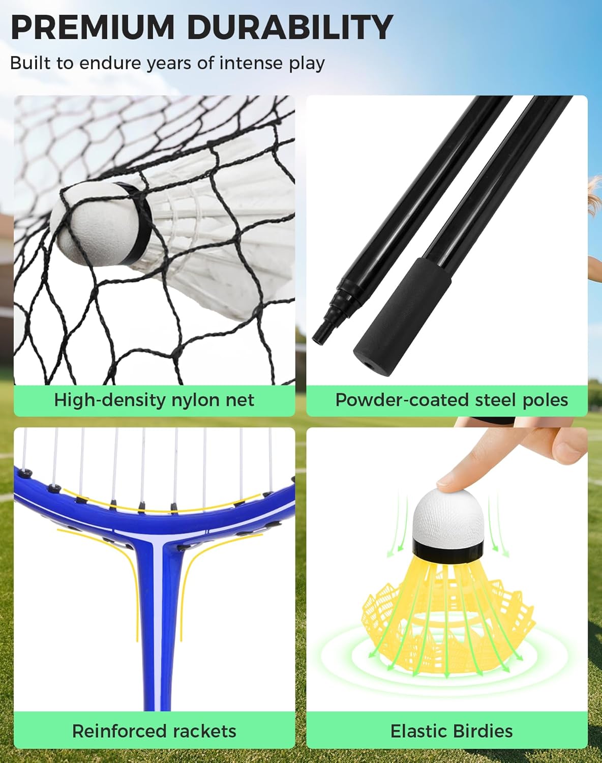 BAGAIL Portable Badminton Net Set, Pop-Up Net with Carry Case, Complete 4 Racket Set for Backyard, Park & Beach Games, Quick Setup Indoor Outdoor Sports Equipment for Backyard Fun
