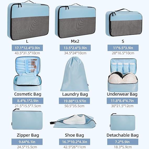 Half Mesh 8 Set Packing Cubes Luggage Packing Organizers for Travel Accessories