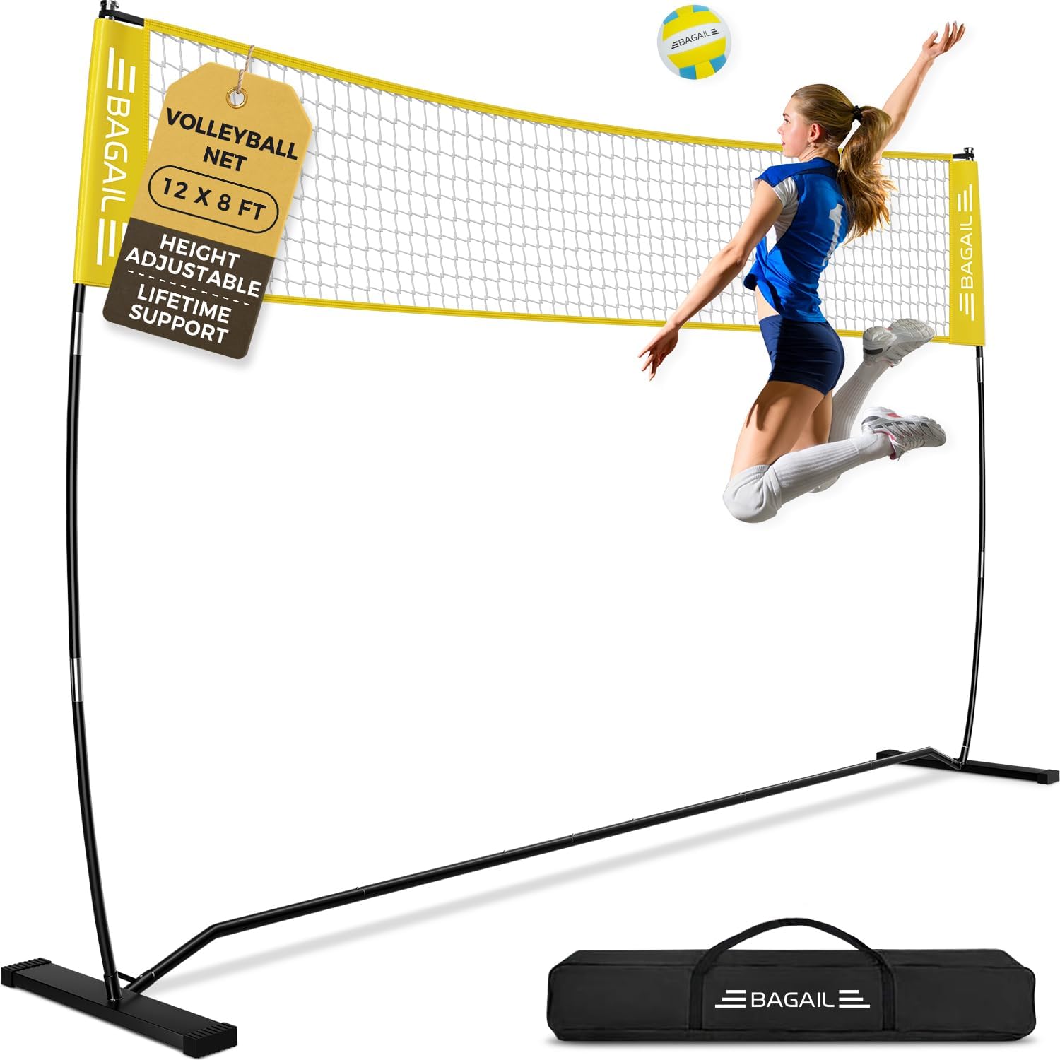 BAGAIL Volleyball Net, 12ft/20ft Portable Volleyball Net for Backyard - Adjustable Height, Heavy-Duty Frame, Freestanding Design - Portable Outdoor/Indoor Volleyball Set with Carry Bag