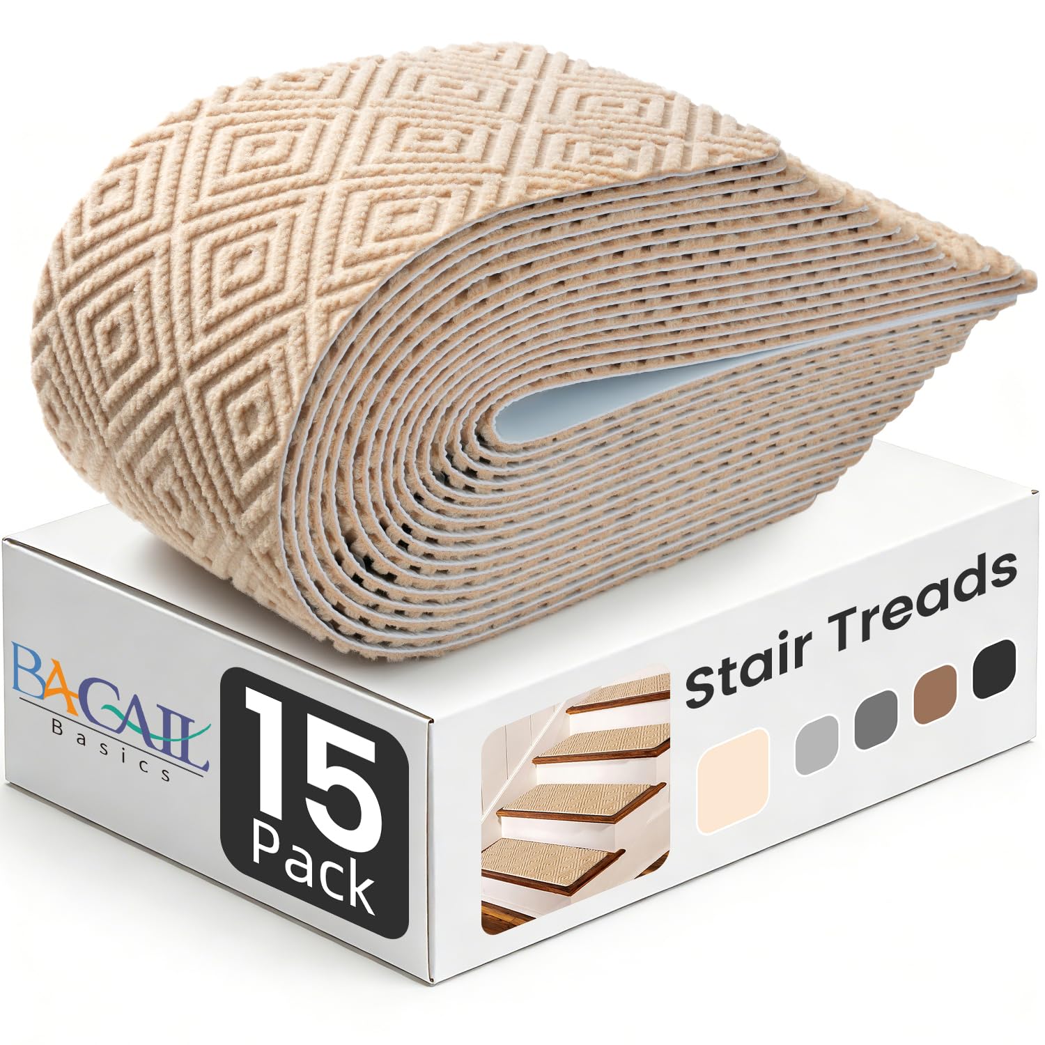 BAGAIL 15 Pack Non-Slip Stair Treads for Wooden Steps - 8"x30" Peel and Stick Carpet Stair Runners, Reusable Indoor Step Covers for Dogs, Kids & Elderly, No-Residue Adhesive, Light Gray