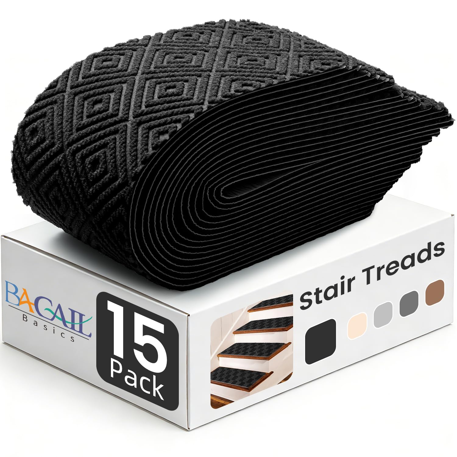 BAGAIL 15 Pack Non-Slip Stair Treads for Wooden Steps - 8"x30" Peel and Stick Carpet Stair Runners, Reusable Indoor Step Covers for Dogs, Kids & Elderly, No-Residue Adhesive, Light Gray