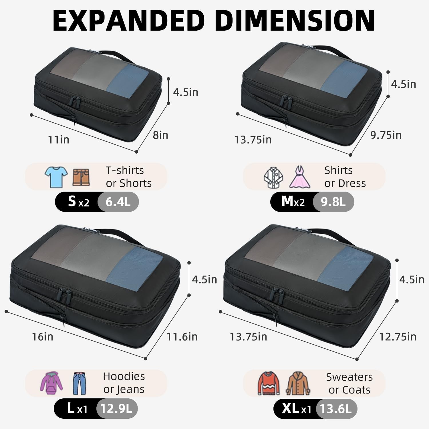 Square Mesh 6 Set Compression Packing Cubes Travel Accessories Expandable Packing Organizers 