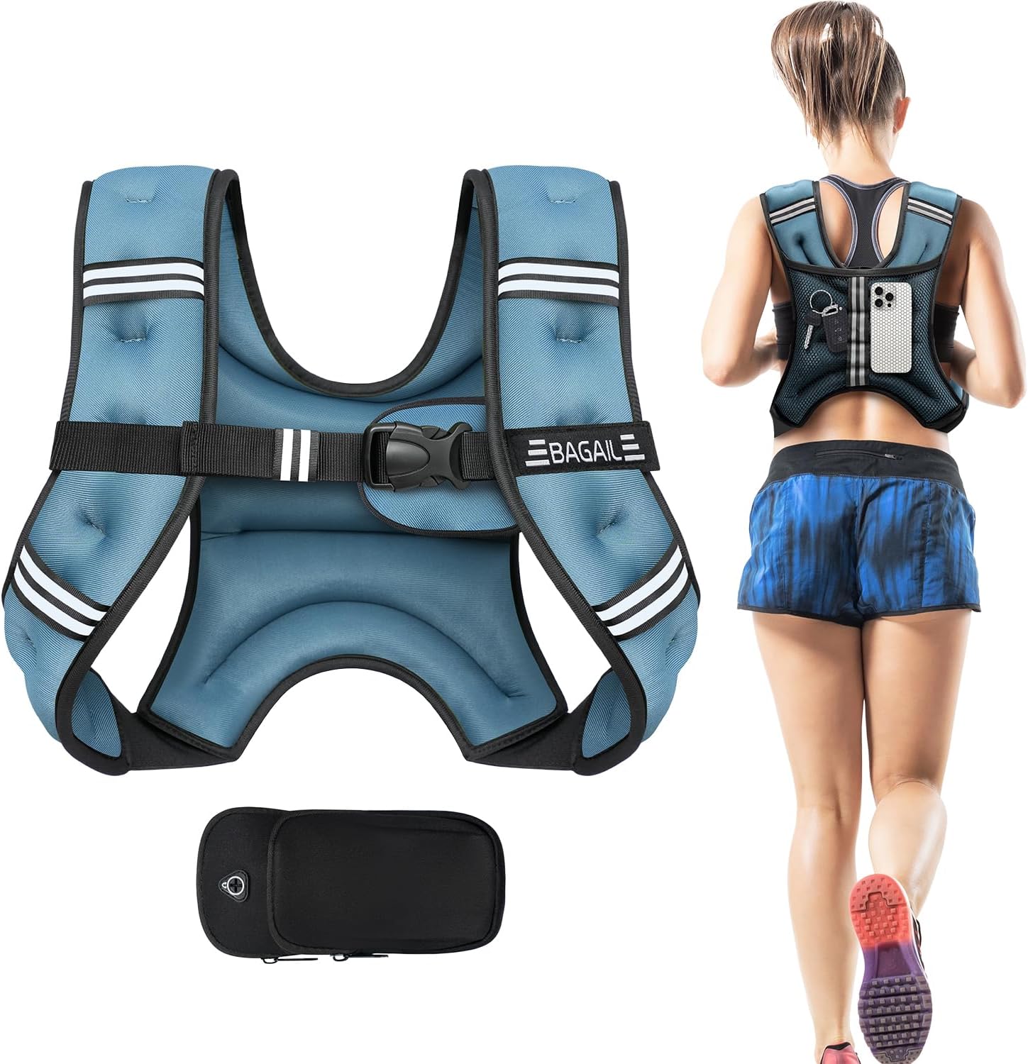 BAGAIL Comfort-Fit Weighted Vest for Woman, Even Weight Distribution, Faster Weight Loss, No-Chafe or Bounce for Walking & Running with Detachable Phone Pouch & Reflective Stripes (Available 5-30lbs)