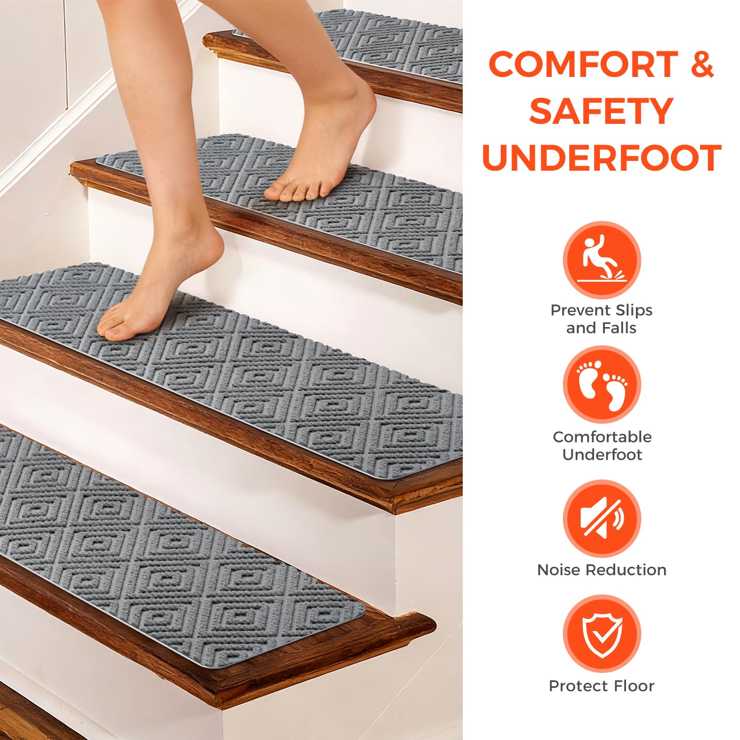 BAGAIL 15 Pack Non-Slip Stair Treads for Wooden Steps - 8"x30" Peel and Stick Carpet Stair Runners, Reusable Indoor Step Covers for Dogs, Kids & Elderly, No-Residue Adhesive, Light Gray