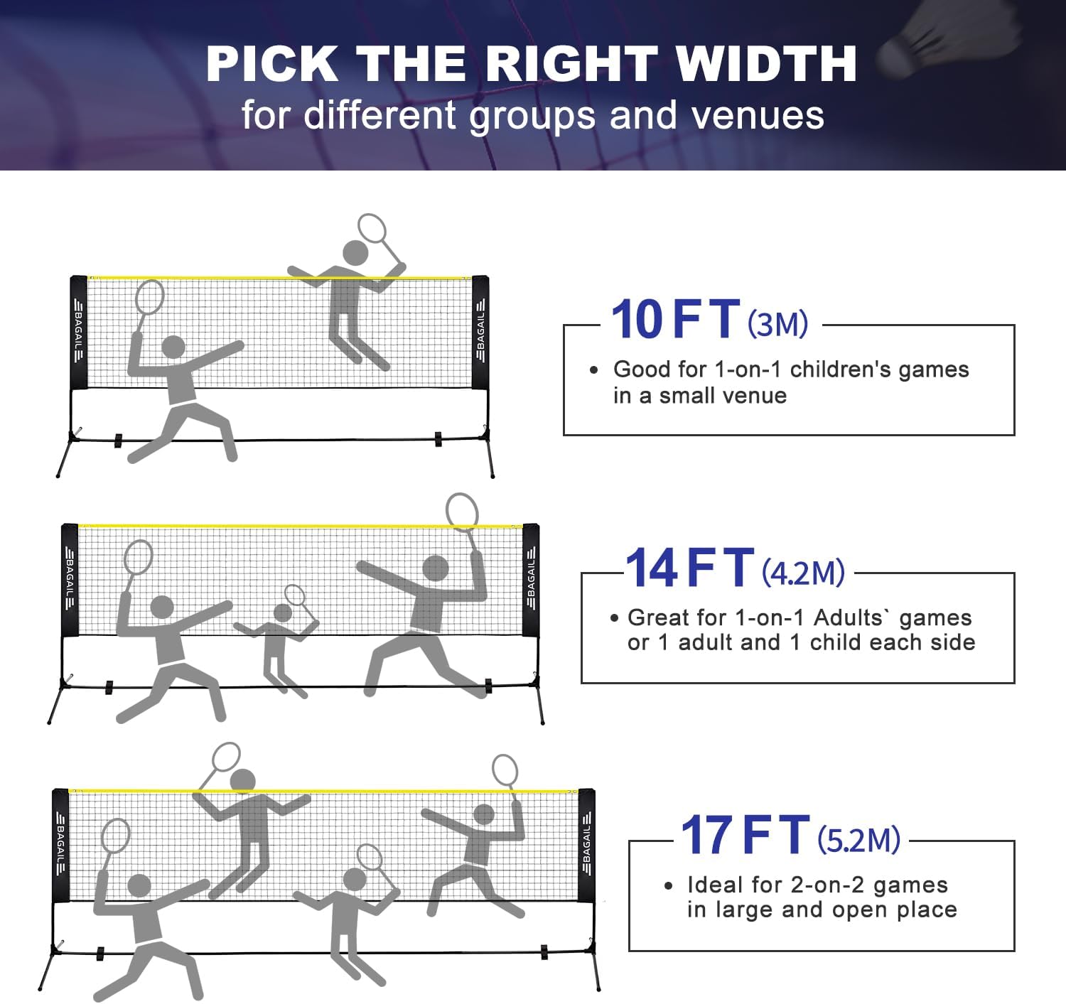 BAGAIL Badminton Net, Height Adjustable Kids Volleyball Net, Foldable Nylon Net 10 ft/14ft/17ft Wide, Tennis Net, Small Pickleball Net for Backyard Game and Indoor Outdoor Use, Easy Setup