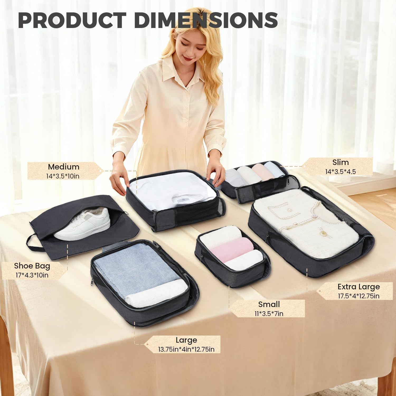 6 Set Label & Half Mesh Compression Packing Cubes with Packing List