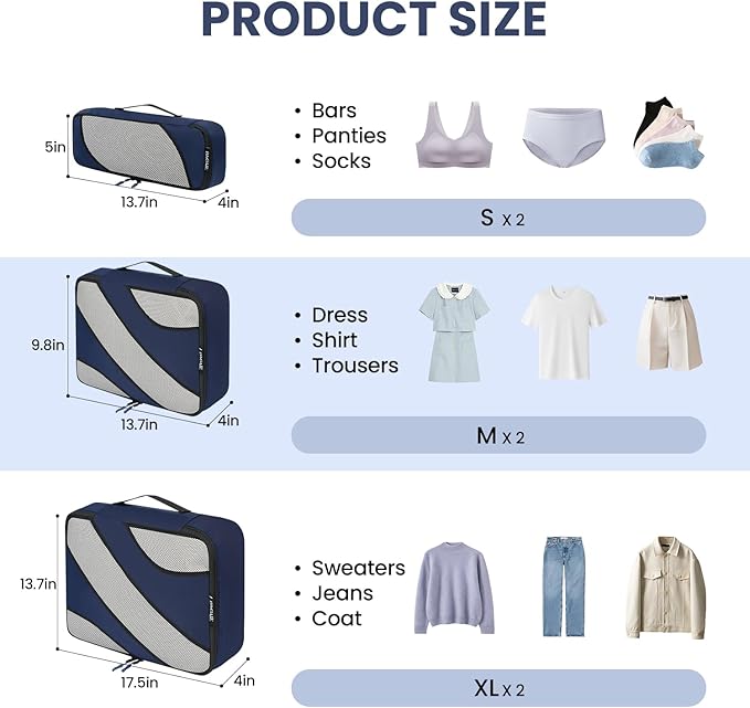 6 Set half mesh Packing Cubes -Various Sizes Travel Luggage Packing Organizers