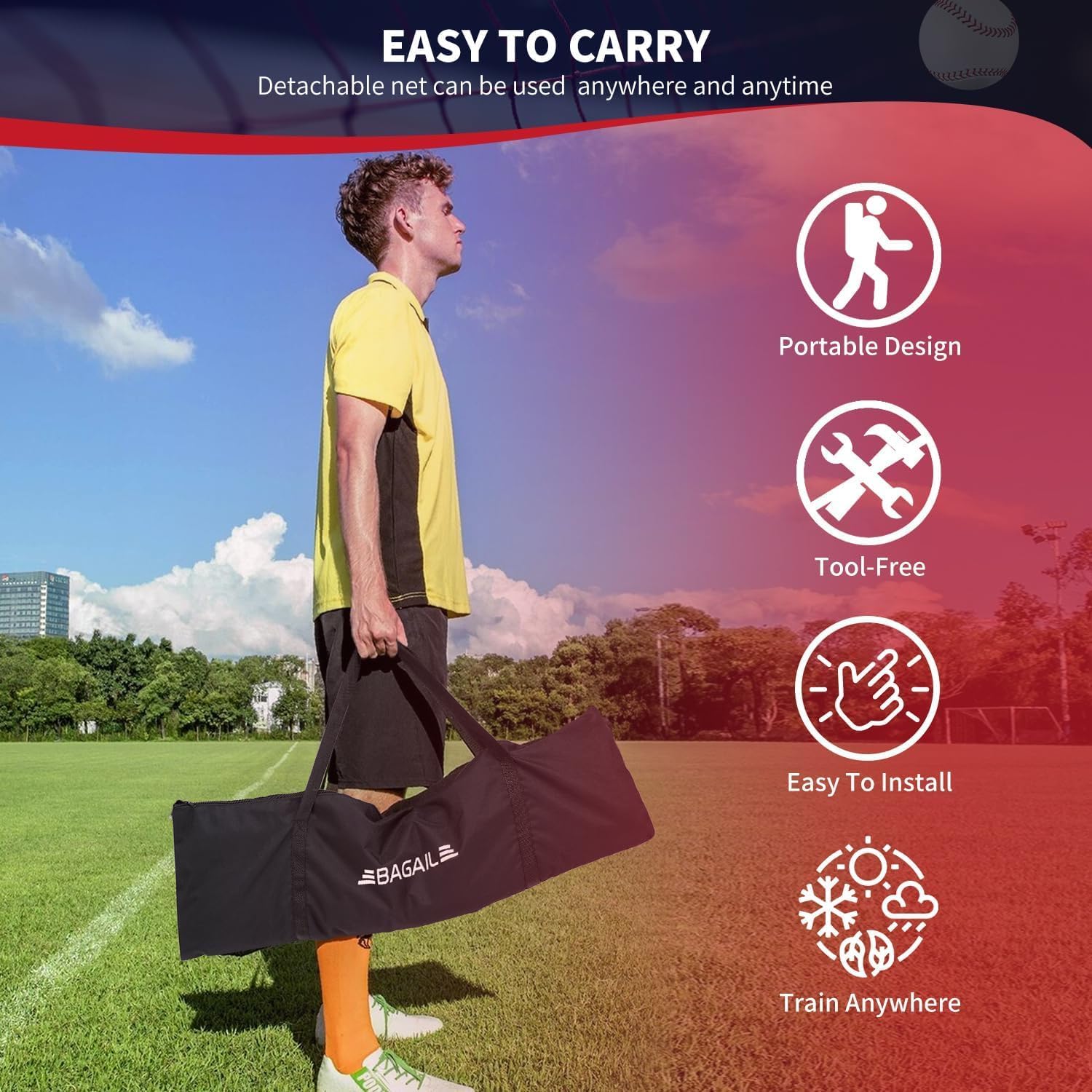 BAGAIL 7x7 ft Extra Large Baseball & Softball Training Net with Batting Tee, Heavy Duty Reinforced Steel Frame, Oversized Hitting Zone for All Levels, Portable Backstop with Carry Bag