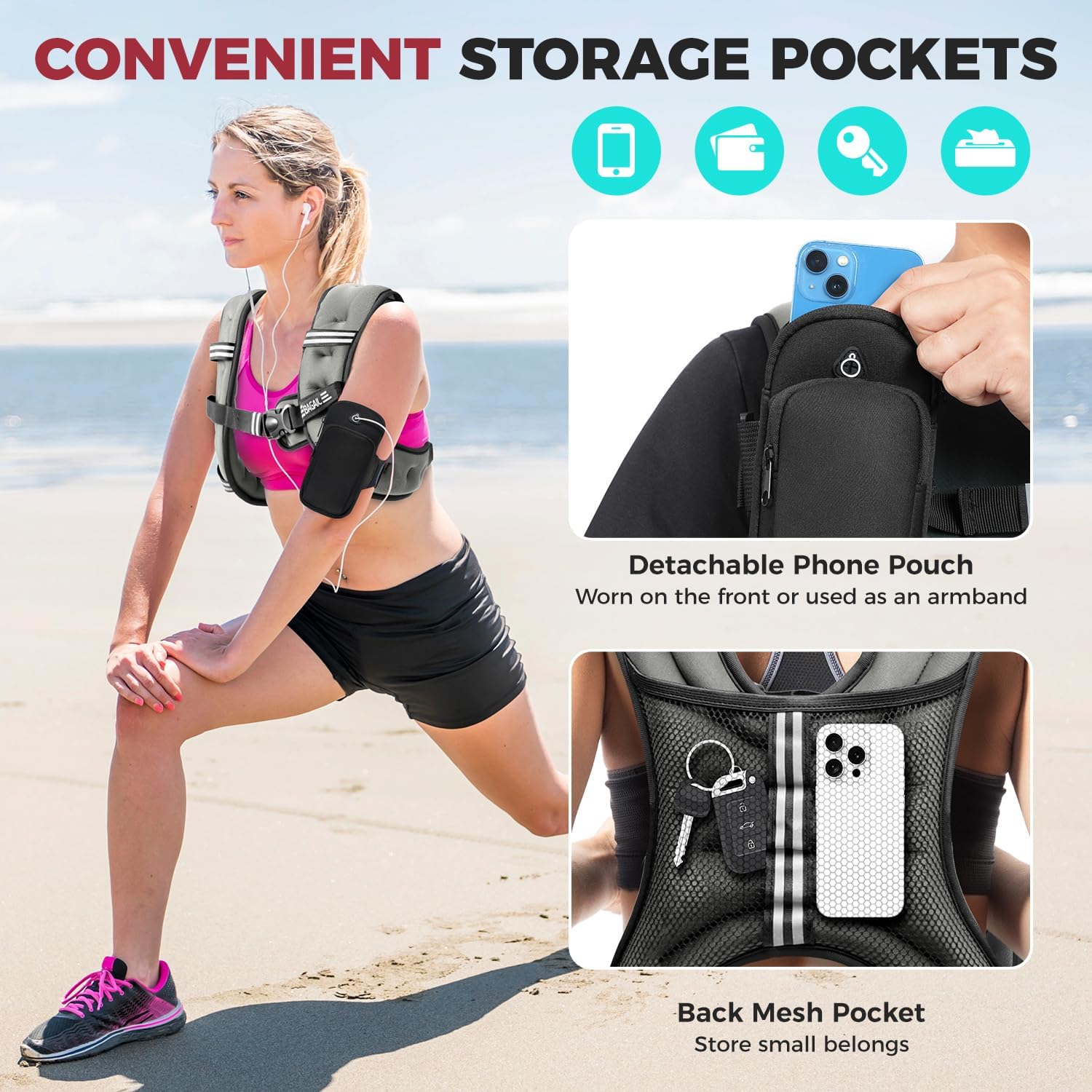 BAGAIL Comfort-Fit Weighted Vest for Woman, Even Weight Distribution, Faster Weight Loss, No-Chafe or Bounce for Walking & Running with Detachable Phone Pouch & Reflective Stripes (Available 5-30lbs)
