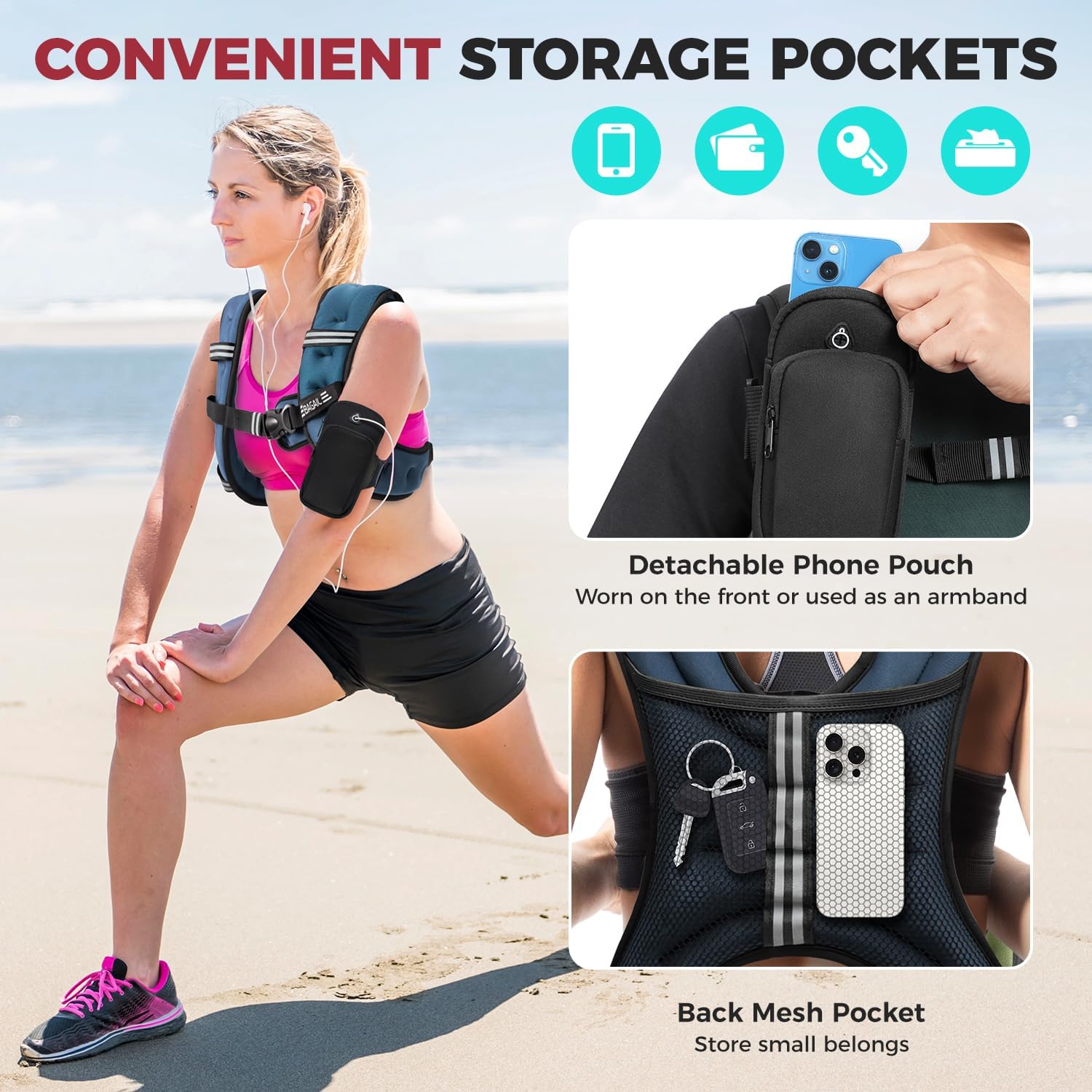 BAGAIL Comfort-Fit Weighted Vest for Woman, Even Weight Distribution, Faster Weight Loss, No-Chafe or Bounce for Walking & Running with Detachable Phone Pouch & Reflective Stripes (Available 5-30lbs)