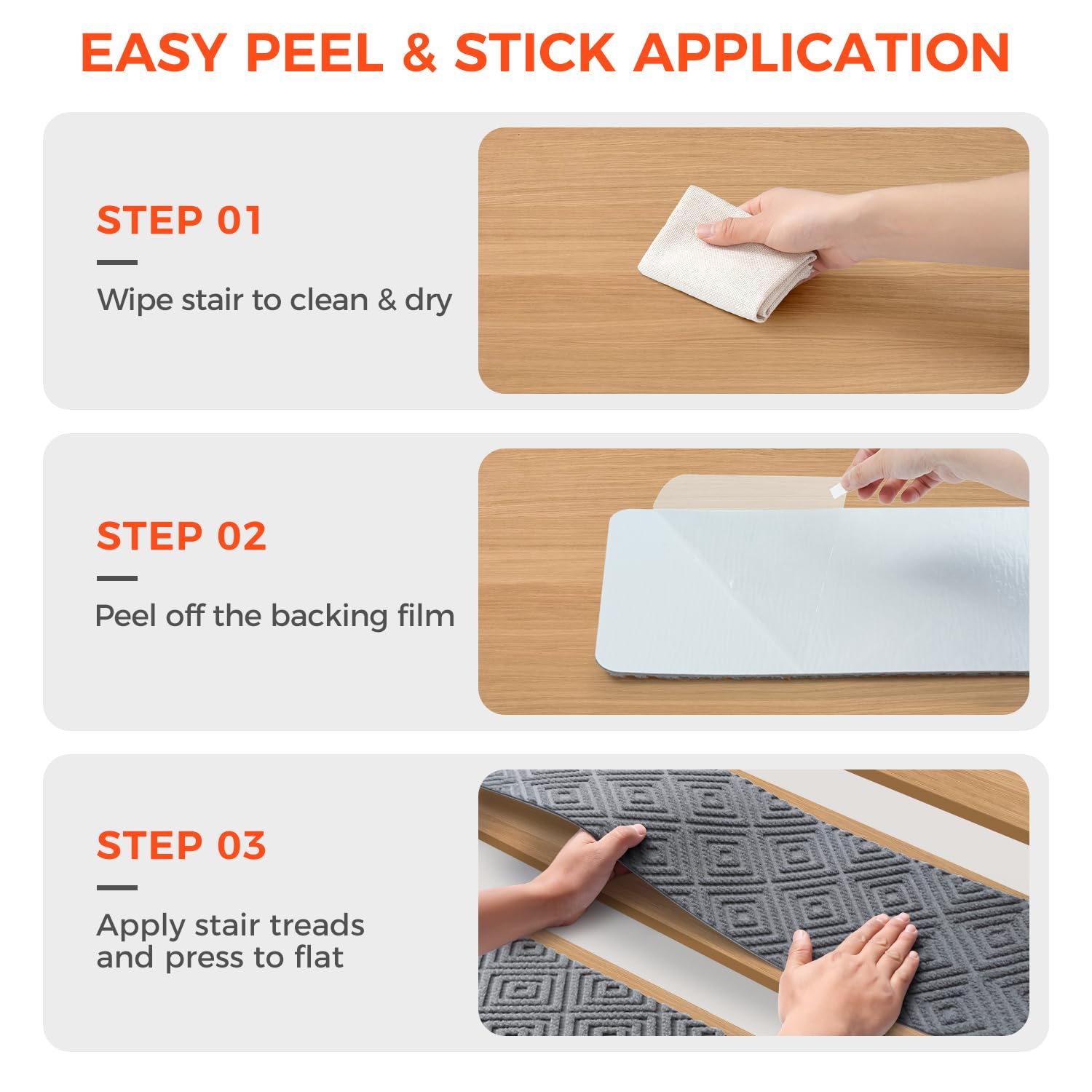 BAGAIL 15 Pack Non-Slip Stair Treads for Wooden Steps - 8"x30" Peel and Stick Carpet Stair Runners, Reusable Indoor Step Covers for Dogs, Kids & Elderly, No-Residue Adhesive, Light Gray