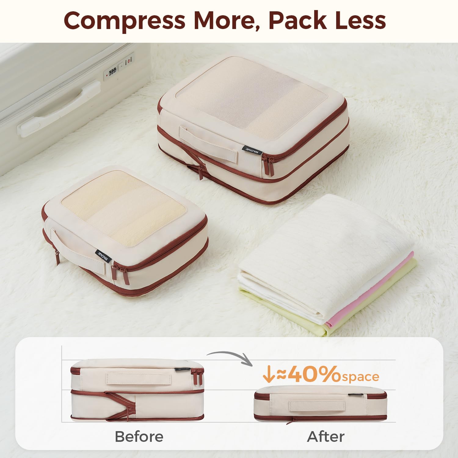 BAGAIL Durable Compression Packing Cubes for Travel,6 Set-Light Pink